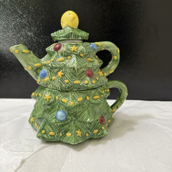 Peggy Jo Ackley Vintage Ceramic Christmas Tree Teapot 3pc. Decor Small - Picture 3 of 5